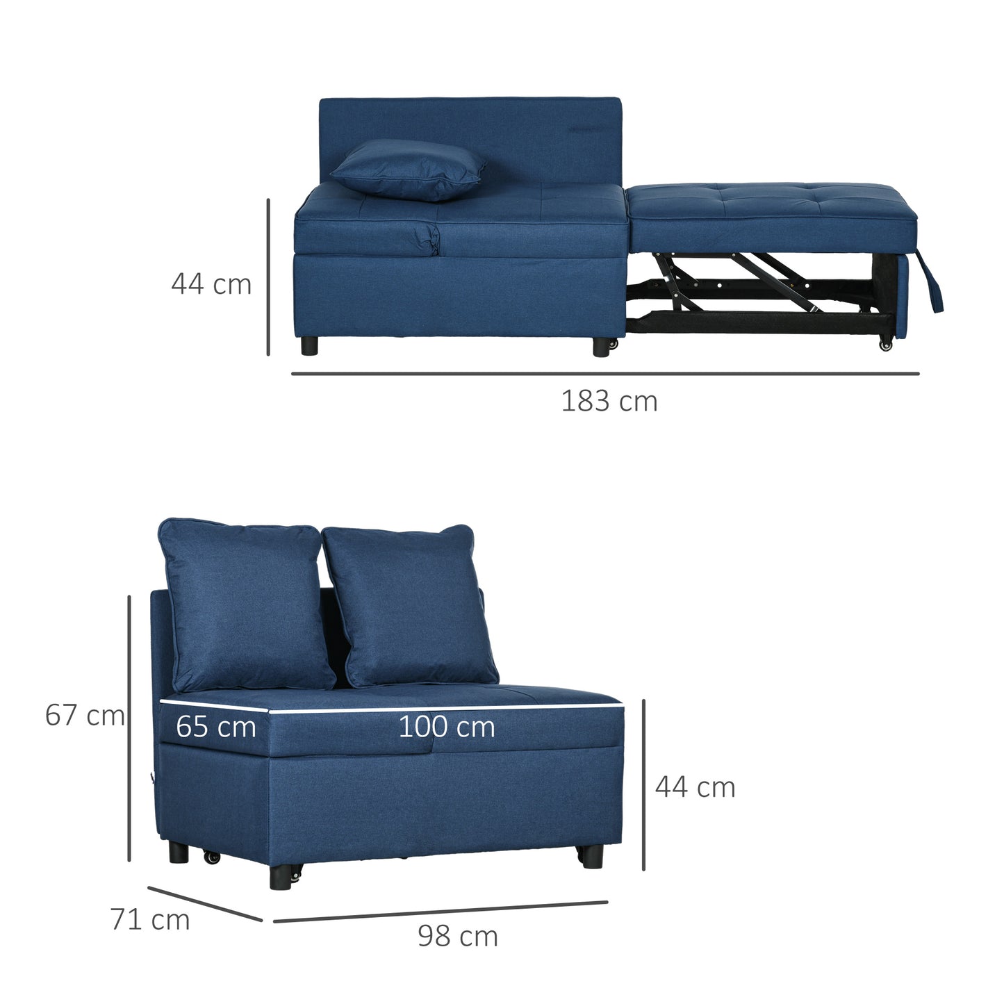 3-In-1 Single Sofa Bed with Thick Padded Seat & 5-position Adjustable Back for Living Room, Bedroom, Blue