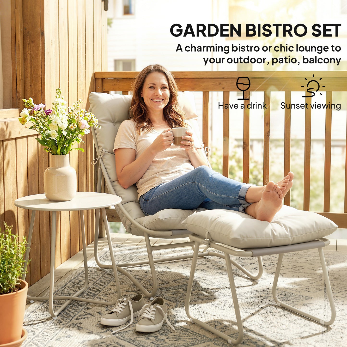 Bistro Set for Garden, 3 Piece Outdoor Table and Chair with Footstool and Removable Cushions, Comfy Balcony Furniture