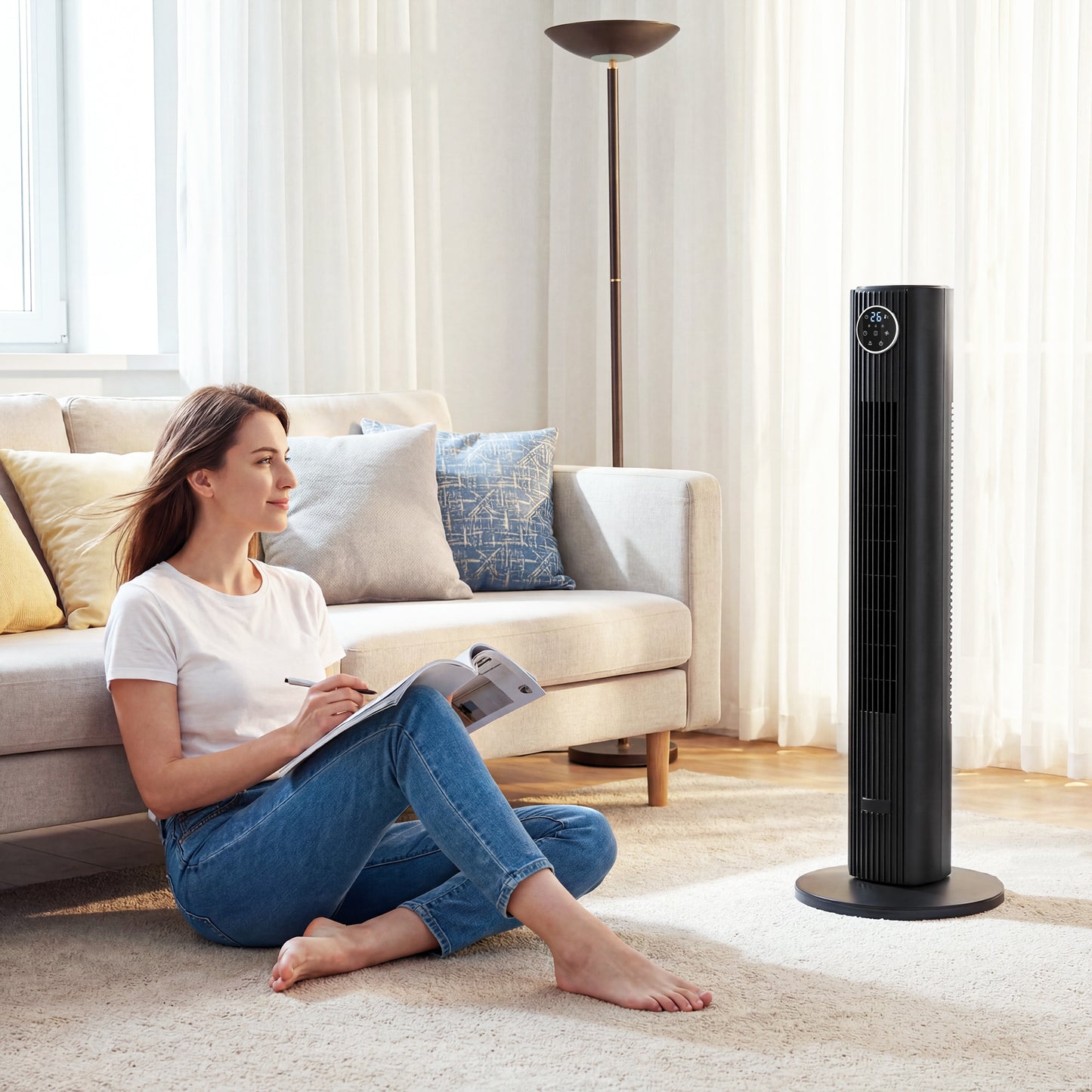 28dB Tower Fan for Bedroom, 36 inch, 8 m/s Velocity Standing Cooling Fan with 80° Oscillating, BLDC Motor, 12 Speeds