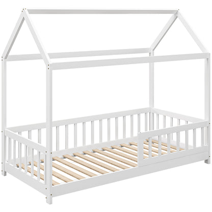 House-Shaped Kids Bed Frame with Guard Rails, Solid Pine Wood Single Bed Frame for Kids Boys and Girls