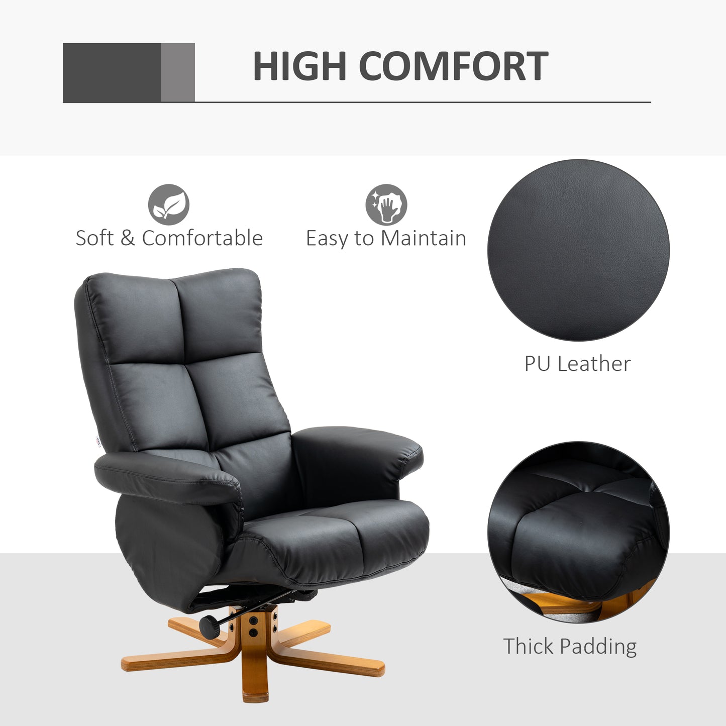 PU Leather Swivel Recliner Chair with Footstool, Wooden Base and Storage for Living Room, Black