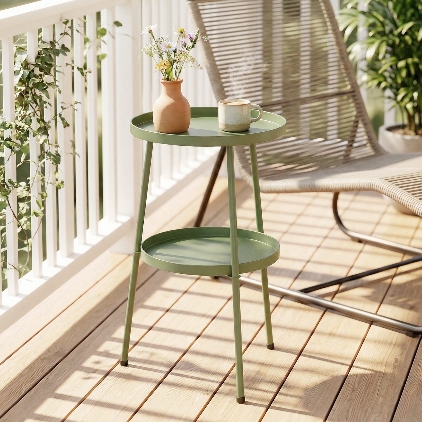 Patio Side Table, 2-Tier Round Coffee End Table for Garden Balcony Living Room Bedroom, Light Green