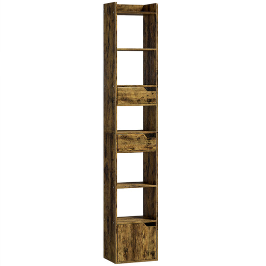 Bookcase Tall Narrow with 5 Tiers and Drawers Freestanding Bookshelf Storage Cabinet for Living Room Rustic Brown