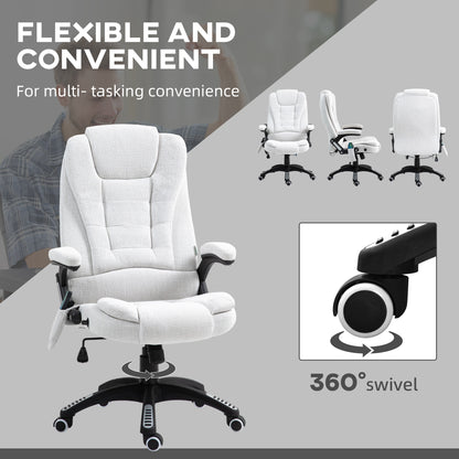 Massage Recliner Chair Heated Office Chair with Six Massage Points Linen-Feel Fabric 360° Swivel Wheels Cream White
