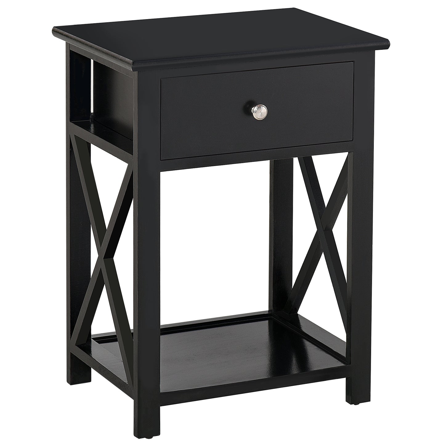 End Table, Sofa Side Table with Drawer X Bar Bottom Storage Shelf, Nightstand Bedside Table for Bedroom or Living Room Black