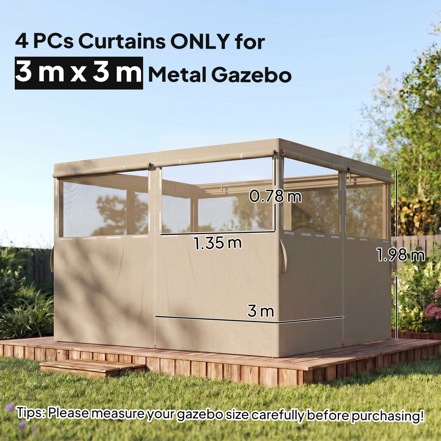 4 Pack Replacement Gazebo Curtains Privacy Panel for Most 3 x 3 m Gazebo, Outdoor Shelter Sidewalls, Khaki