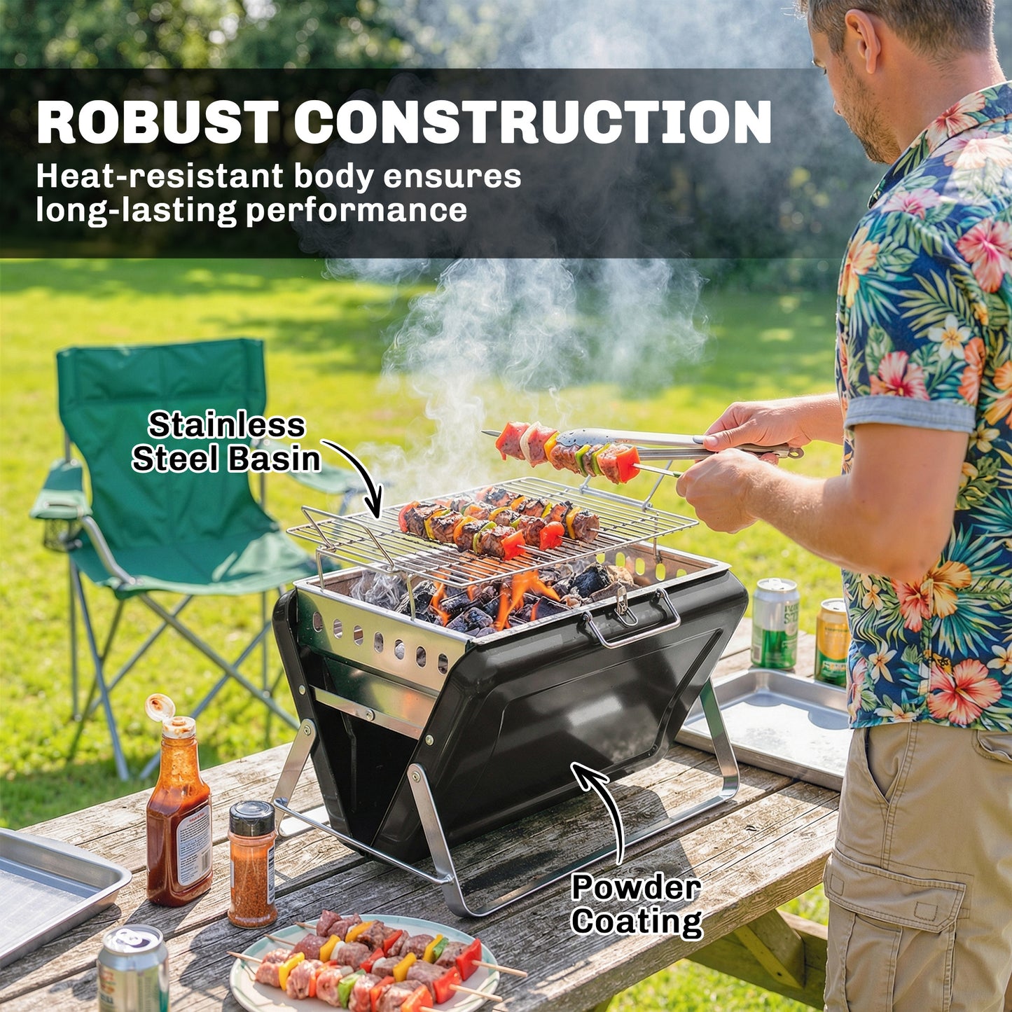 Charcoal BBQ Grill Portable Stainless Steel Barbecue with Tilting Grate for Camping Picnic Garden Black