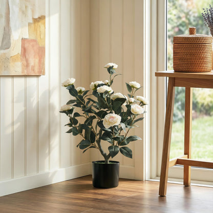 65cm Artificial Camellia Flower Plant in Pot with 116 Lush Leaves & Moss Effect, White