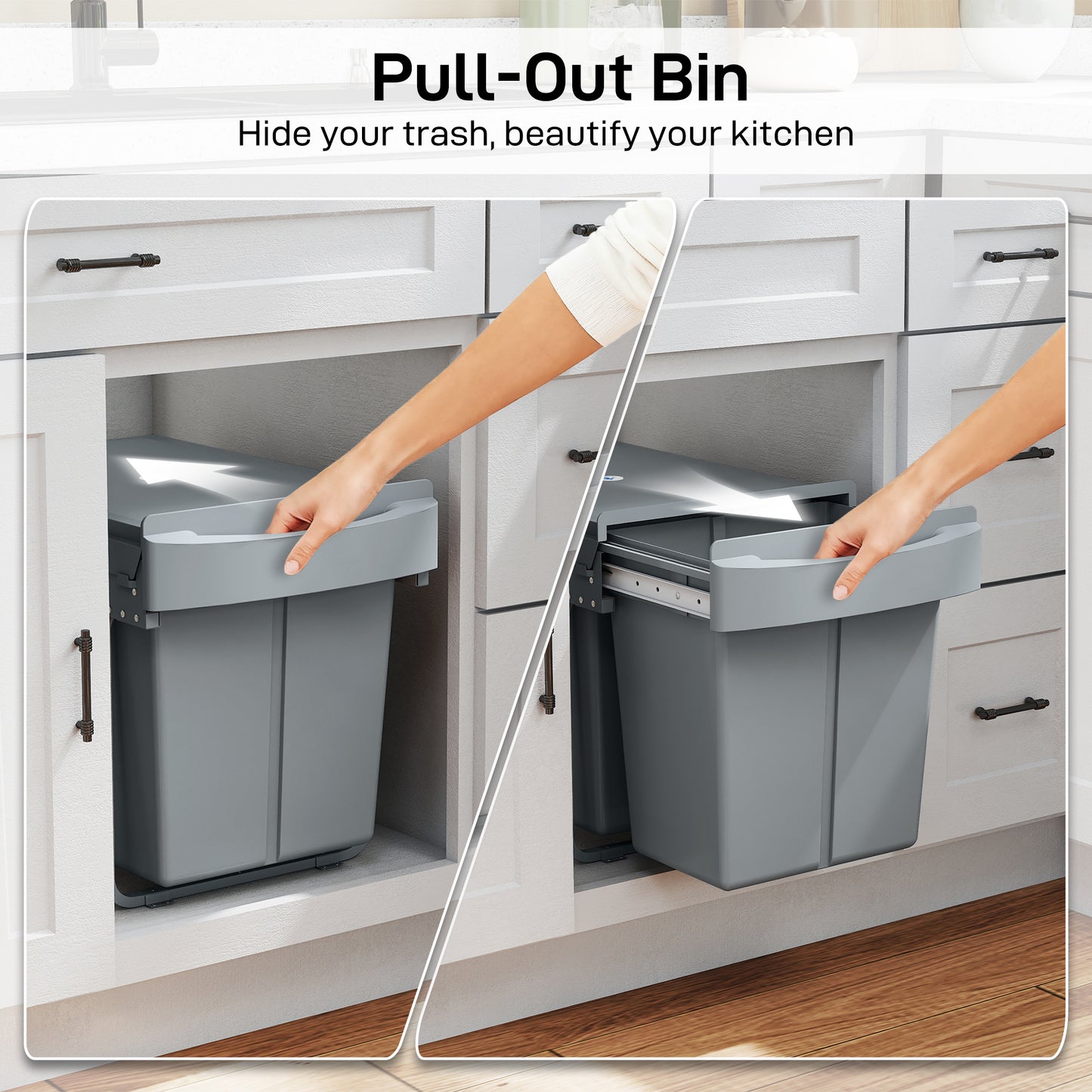 Pull Out Bin, Kitchen Under Sink Bin with 2 Removable Compartments, Smooth Glide, Grey