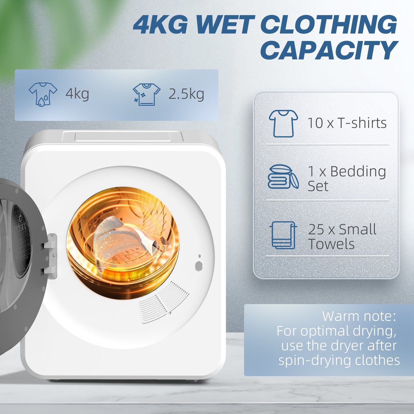 Vented Tumble Dryer, 4 kg Front Tumble Dryer with Stainless Steel Tub, 800W Compact Freestanding, White