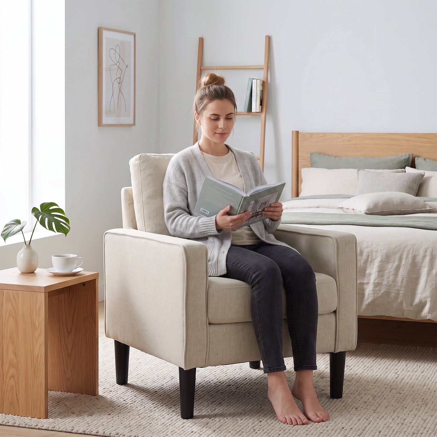 Accent Chair, Removable Pillow Linen Armchair with Comfy Spring Cushion for Living Room, Bedroom, Study, Cream