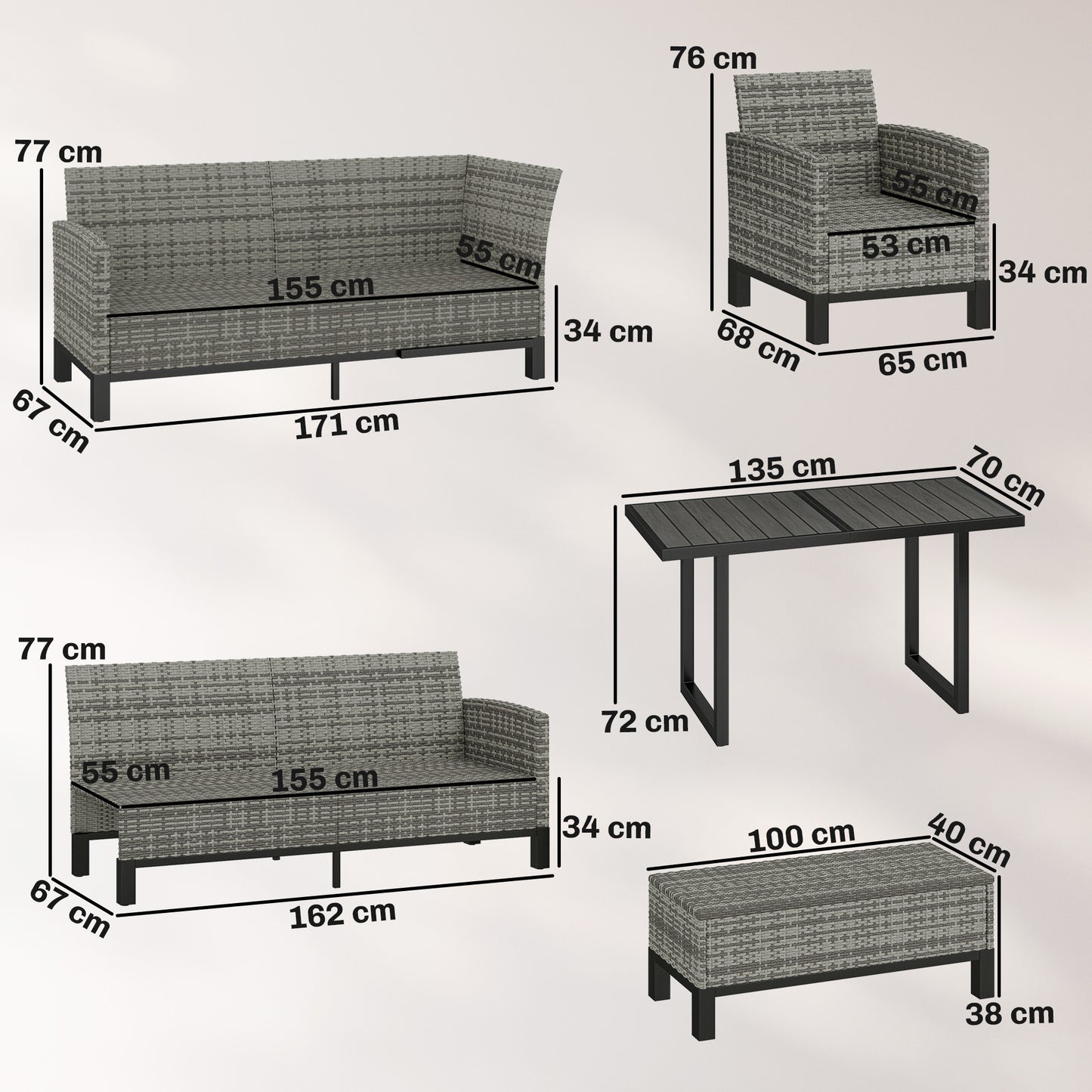 9 Seater Rattan Garden Furniture Corner Sofa Set, Outdoor Dining Set with Faux Wood Table, Ottoman, Cushions, Dark Grey