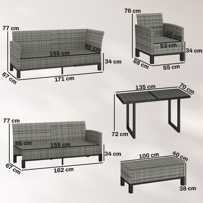 9 Seater Rattan Garden Furniture Corner Sofa Set, Outdoor Dining Set with Faux Wood Table, Ottoman, Cushions, Dark Grey