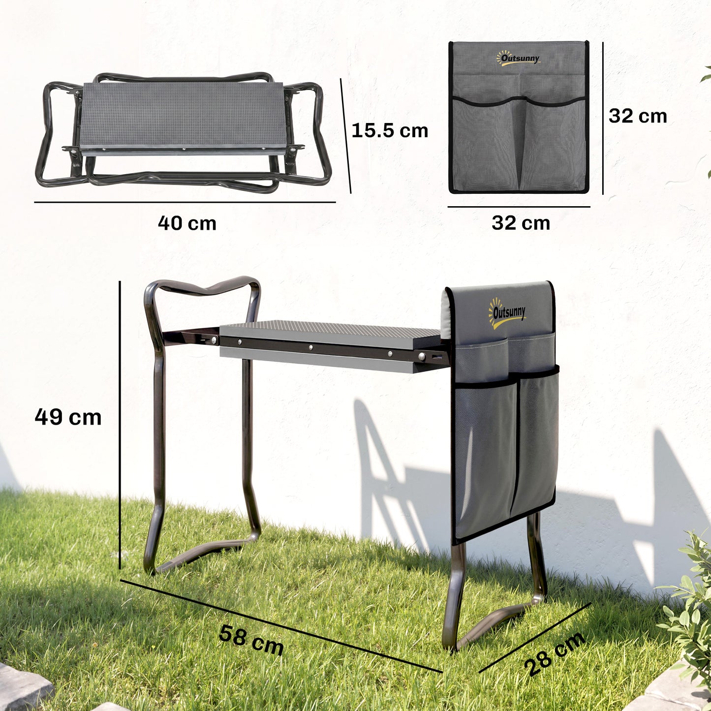 Steel Frame Padded Garden Kneeler, with Tool Bag - Grey