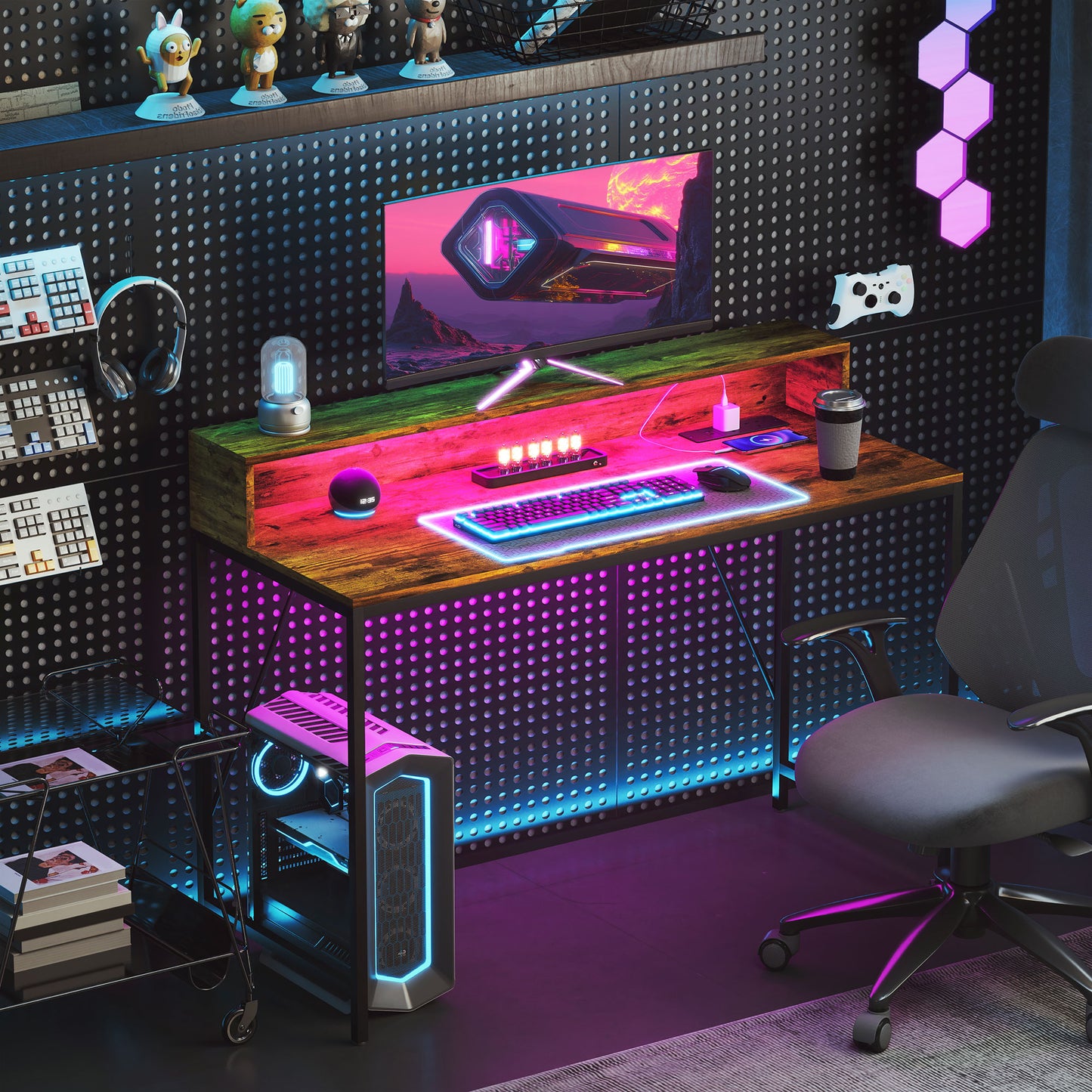 120cm Computer Desk with LED Lights and Power Outlets, Gaming Desk with Monitor Stand