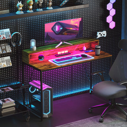 120cm Computer Desk with LED Lights and Power Outlets, Gaming Desk with Monitor Stand