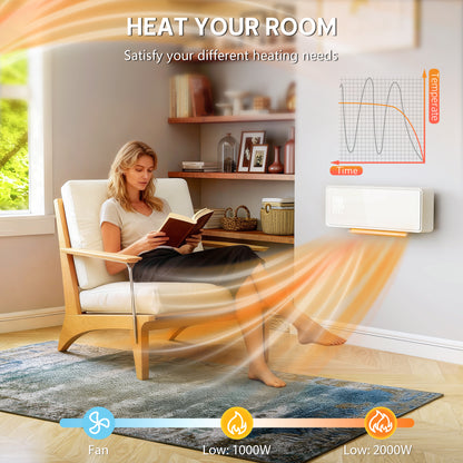 2000W Ceramic Electric Heater with Fan, Adjustable Thermostat, Wall Mounted - White