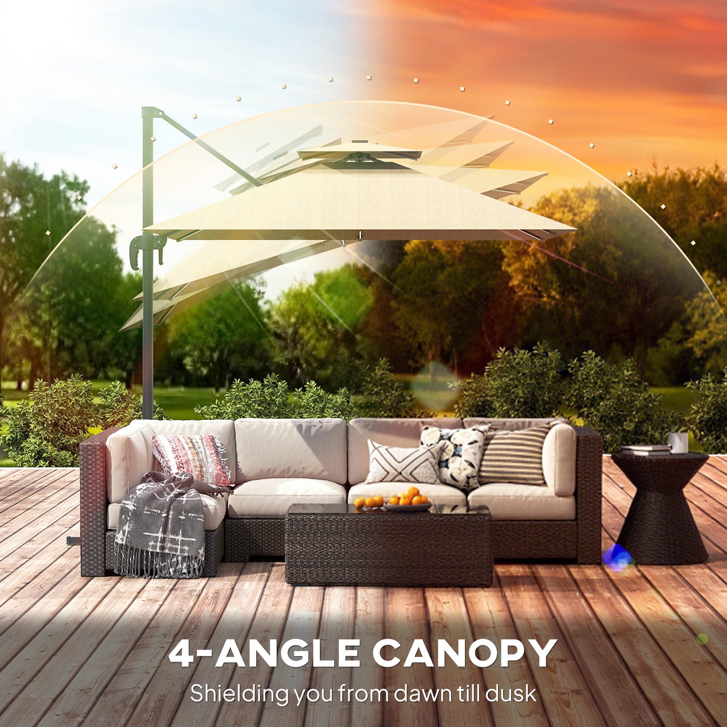 2.5m Cantilever Parasol with Solar Powered LED Lights, 360° Rotation, Tilt Adjustment, Crank Handle, Khaki