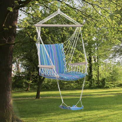 Hanging Rope Chair with Soft Padded Seat & Backrest, Portable Garden Hammoc Chair with Wooden Support Bar, Armrests