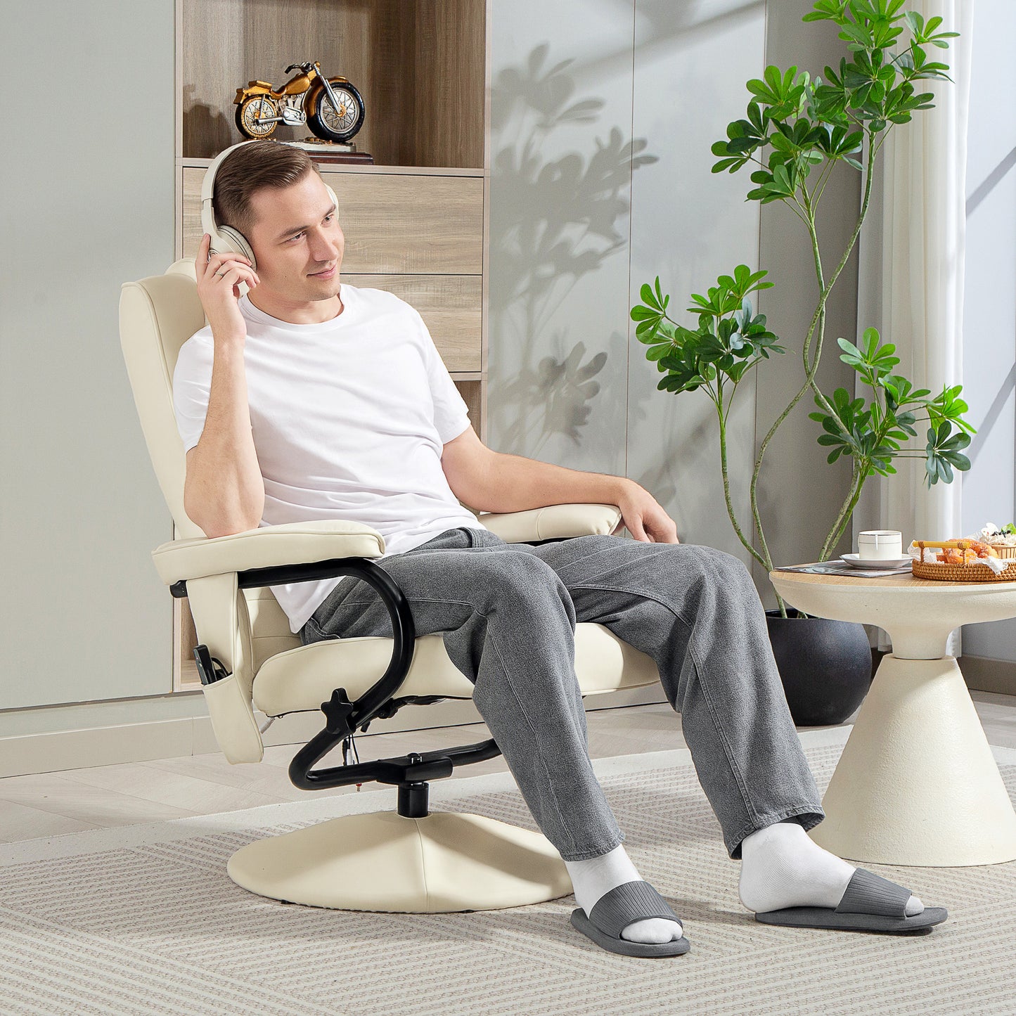 Swivel Recliner Chair and Footstool, Faux Leather Massage Recliner Armchair with Remote Control and Round Wrapped Base