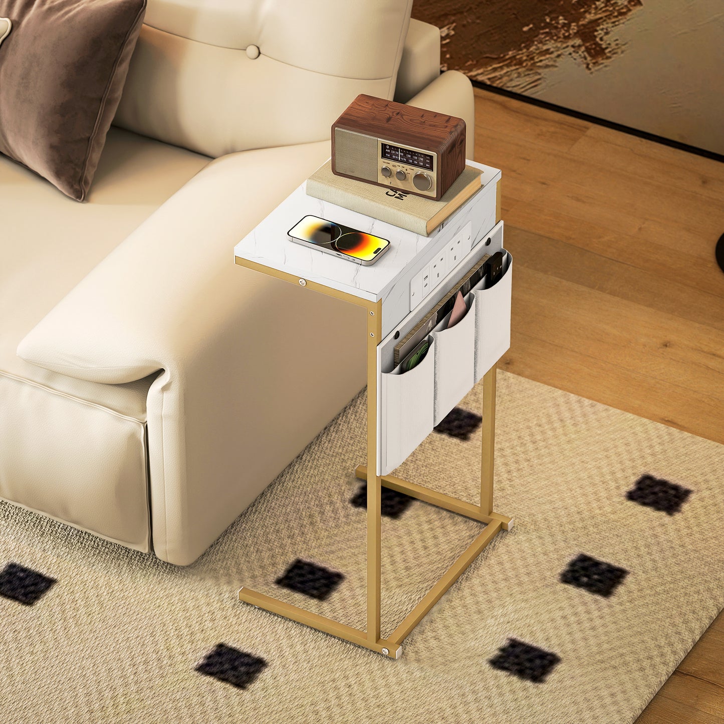 C-Shaped Bedside Table with Charging Station, Marble Grain Side Table with Power Outlets & USB Ports, Storage Bags