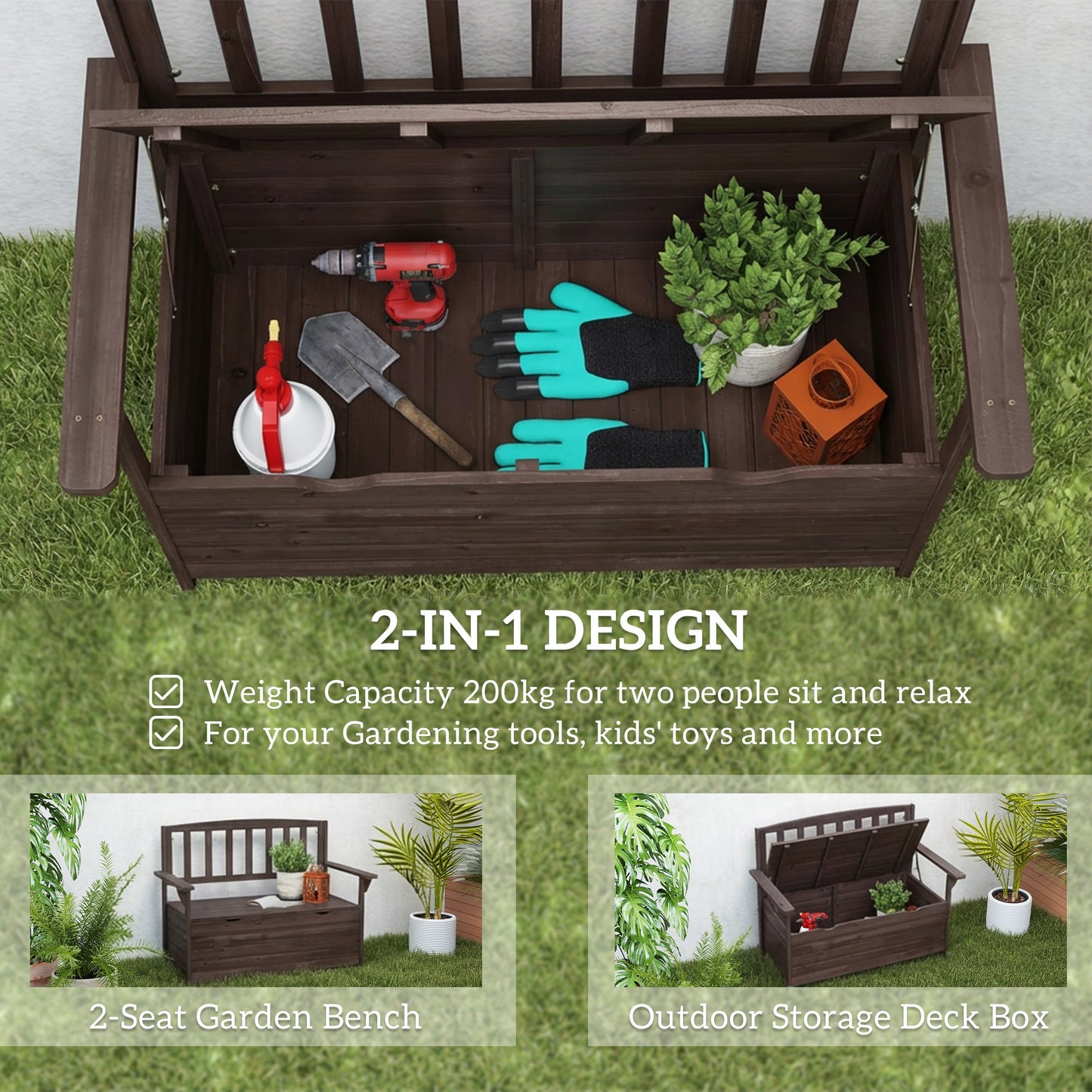 Outdoor 2 Seater Garden Bench, Wooden Bench with Storage, Backrest, Arm Rests, 112 x 84 x 58 cm, Brown