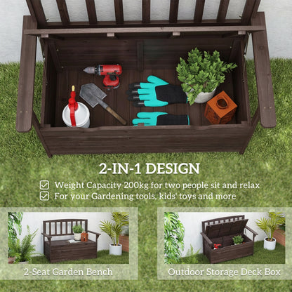 Outdoor 2 Seater Garden Bench, Wooden Bench with Storage, Backrest, Arm Rests, 112 x 84 x 58 cm, Brown