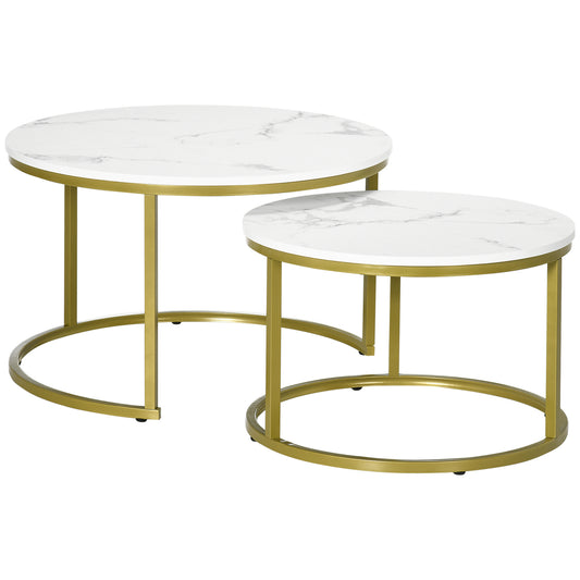 Coffee Table Set of 2, Round Nest of Tables with Metal Frame, Modern Side Tables for Living Room, White