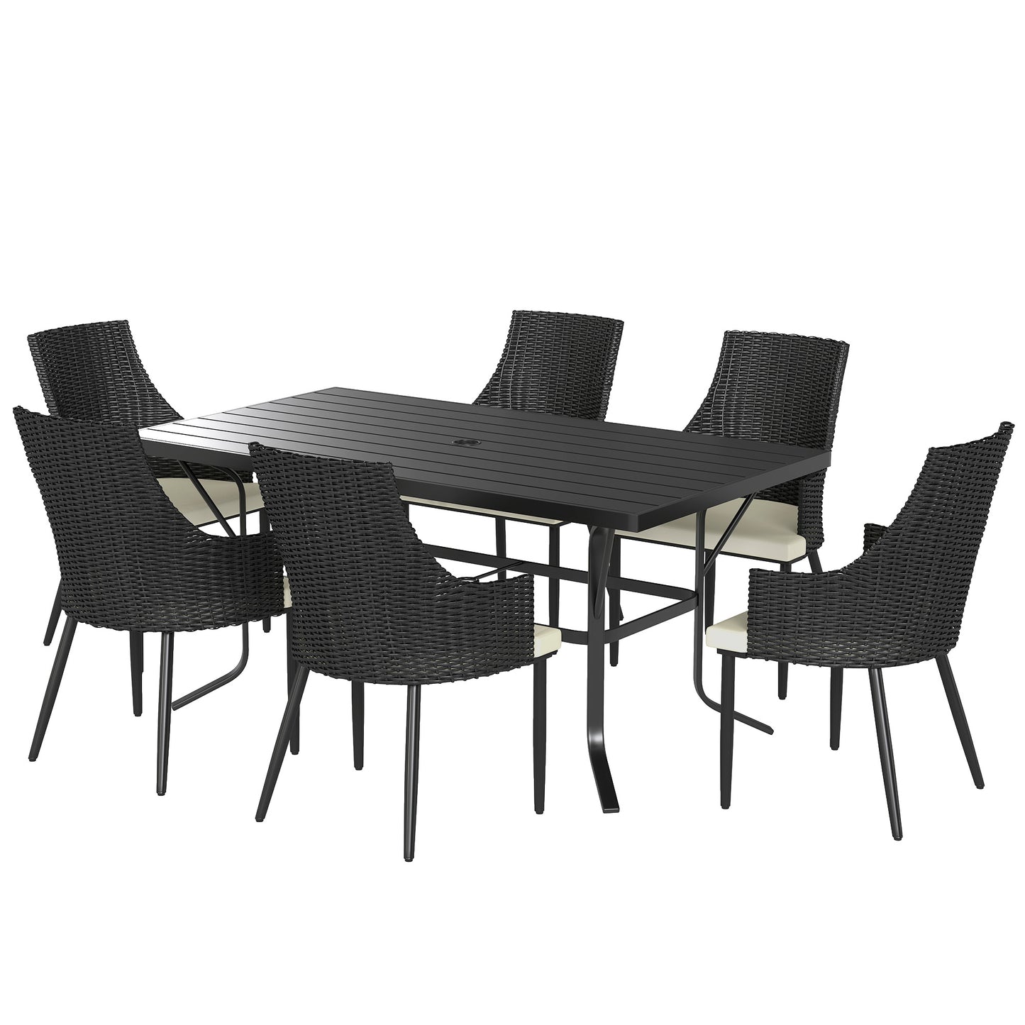 6 Seater Rattan Dining Set with Cushions, Garden Furniture Set with Armchairs, Rectangle Slatted Table Top, Steel Frame