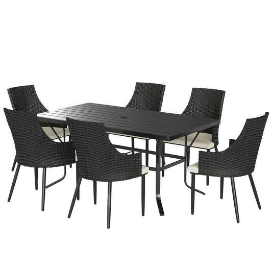 6 Seater Rattan Dining Set with Cushions, Garden Furniture Set with Armchairs, Rectangle Slatted Table Top, Steel Frame