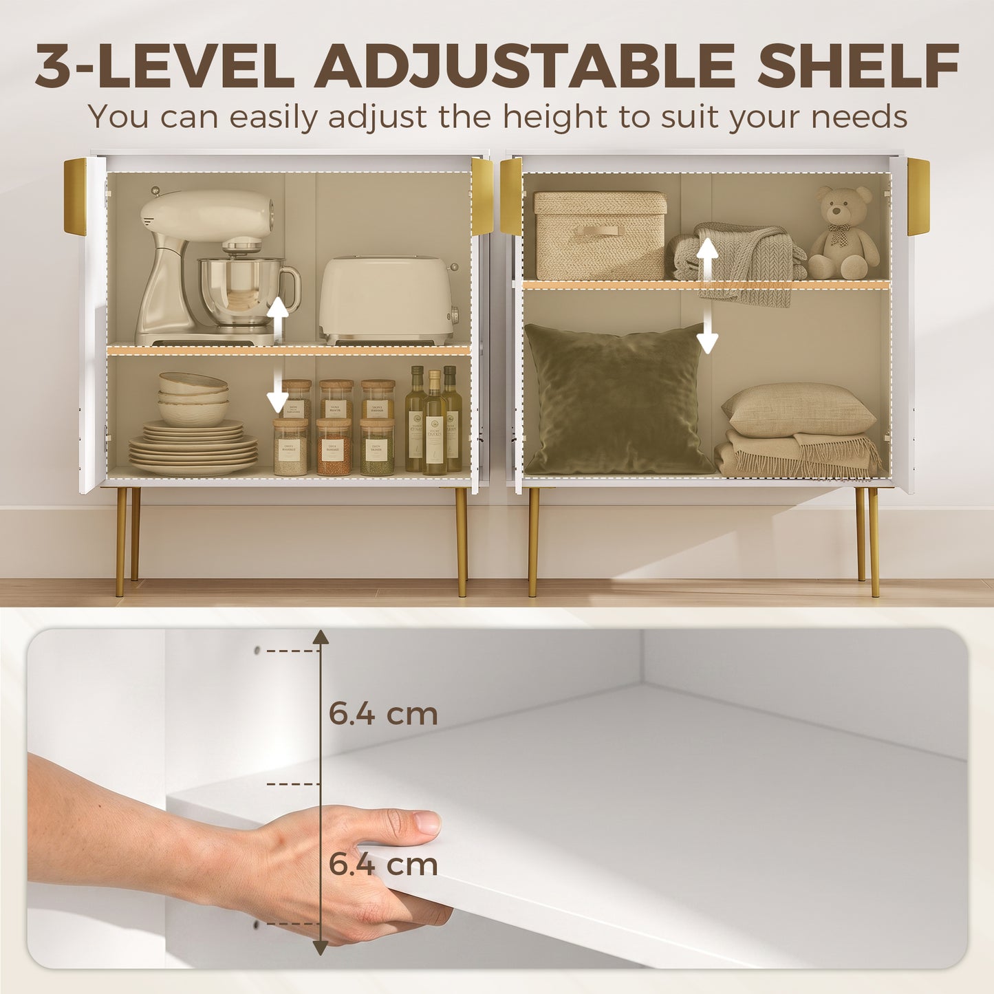 Modern Kitchen Cupboard, Storage Cabinet with 2 Doors, Adjustable Shelf and Metal Legs, White