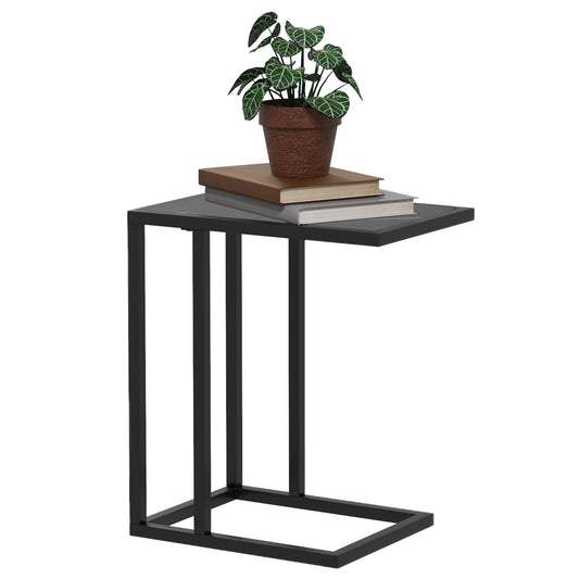 C Shape Bedside Table w/Metal Frame Marble-Effect Top Sofa Narrow Snack End Table for Living Room, Black