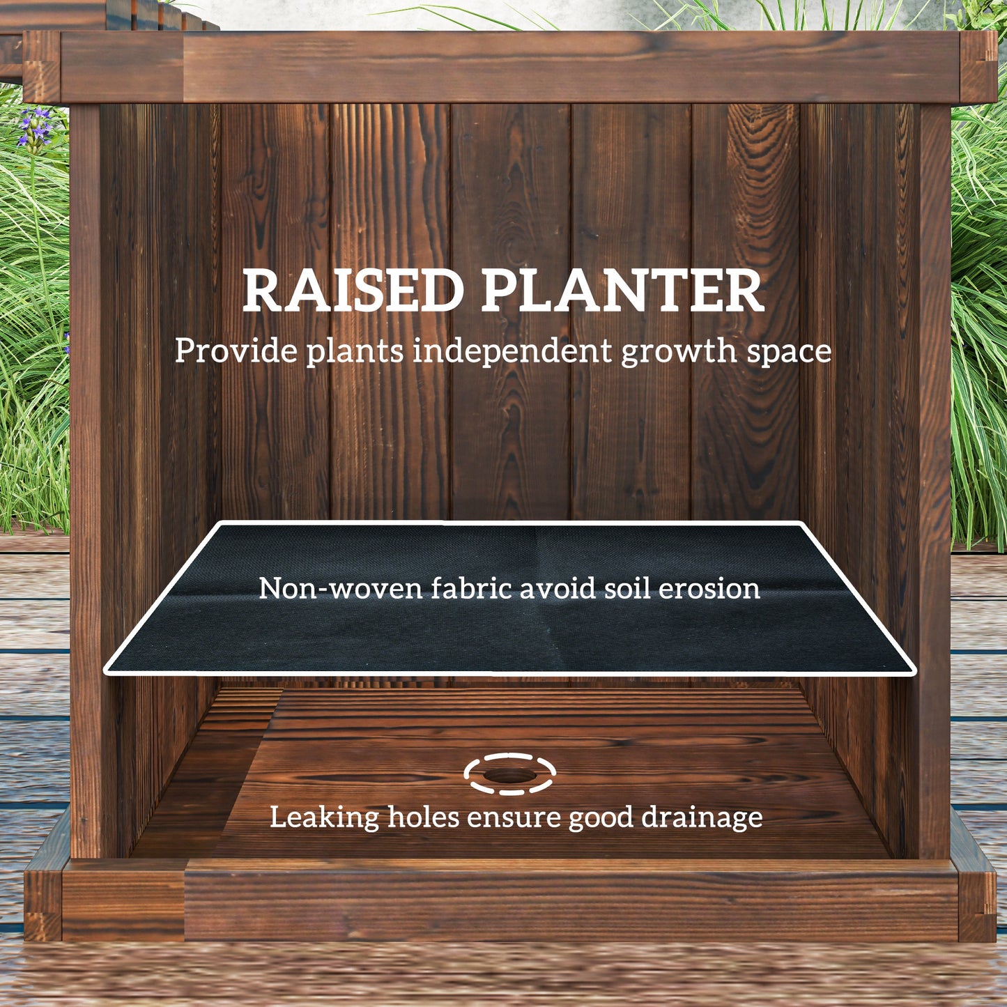 Wooden Garden Planter & Bench Combination Garden Raised Bed Patio Park Carbonised Finish 176 x 38 x 40 cm