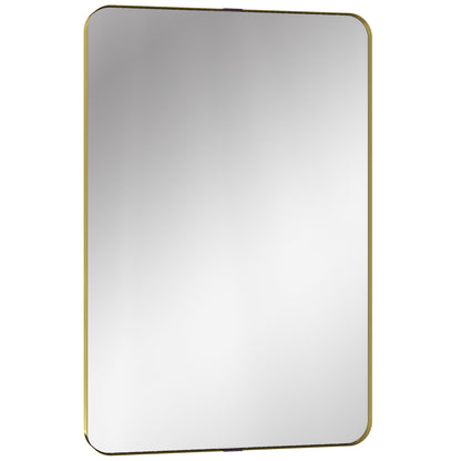 Rectangular Wall Mirror, 90 x 60 cm Wall Mounted Bathroom Mirror w/ Aluminium Alloy Frame and Tempered Glass, Gold Tone