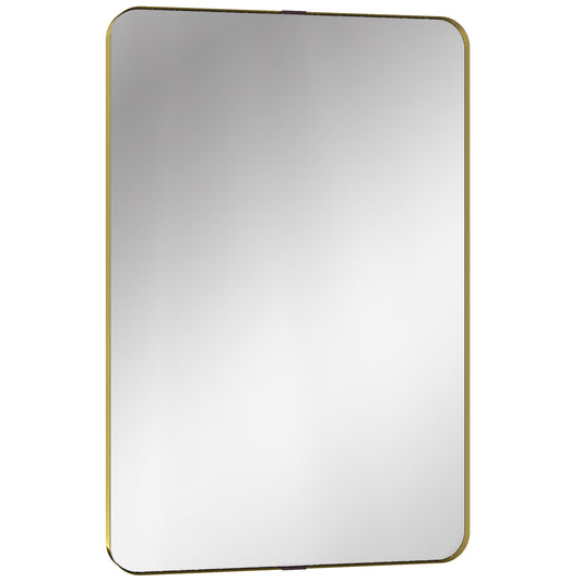 Rectangular Wall Mirror, 90 x 60 cm Wall Mounted Bathroom Mirror w/ Aluminium Alloy Frame and Tempered Glass, Gold Tone