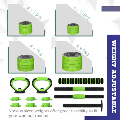 40kg 4-In-One Adjustable Weight Dumbbells Set, Barbell, Kettlebell, Push Up Stand - Green