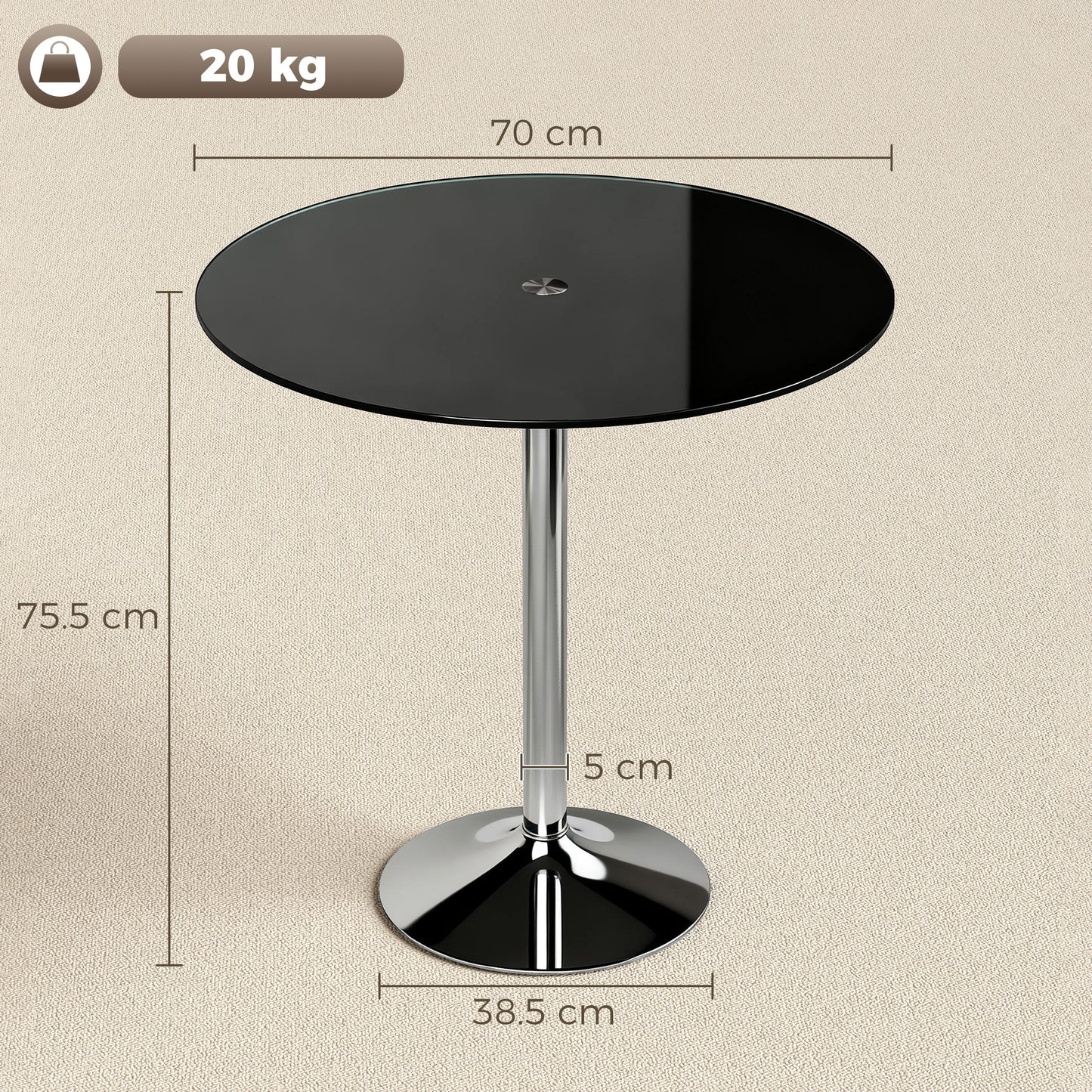 Round Bar Table, Modern Dining Table with Tempered Glass Top and Steel Frame for 4, 70 x 70 x 75.5cm, Black