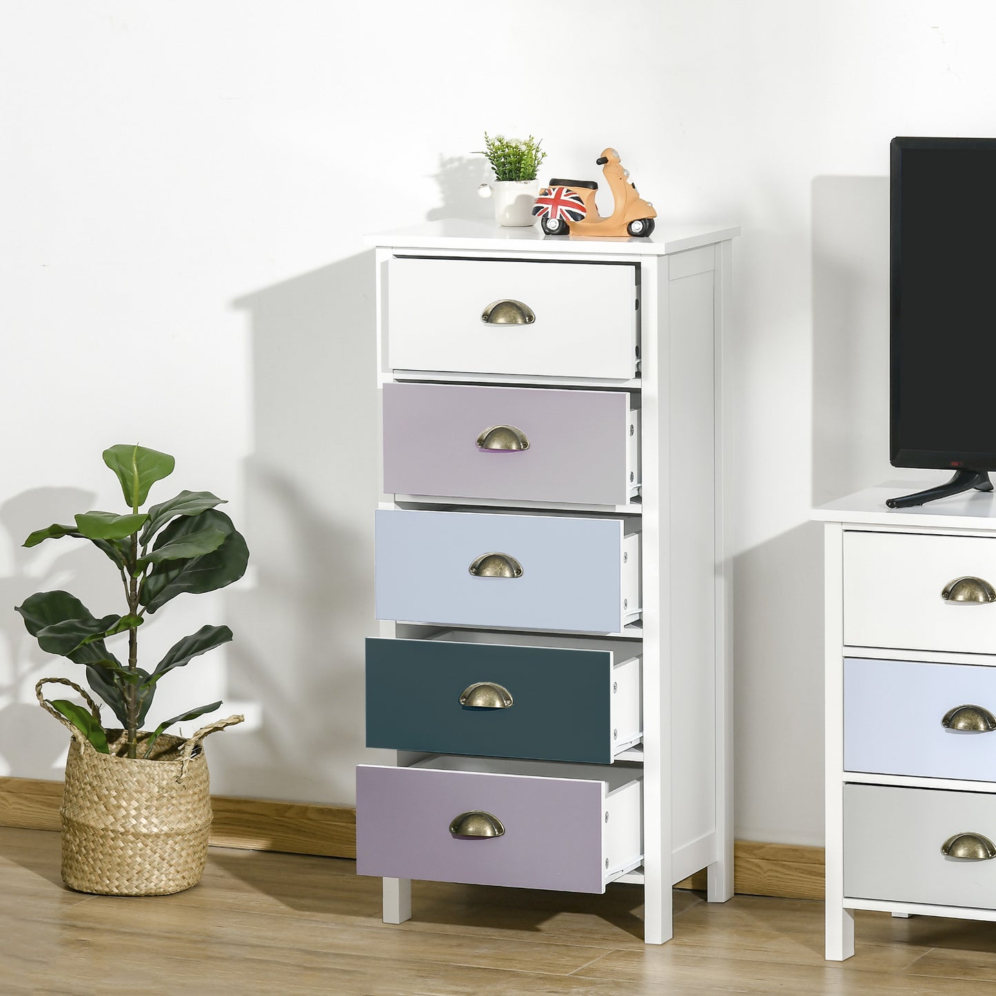 Slim Storage Cabinet Organiser, Chest of Drawers, 5-Drawer Dresser with Metal Handle for Living Room, Bedroom, Blue