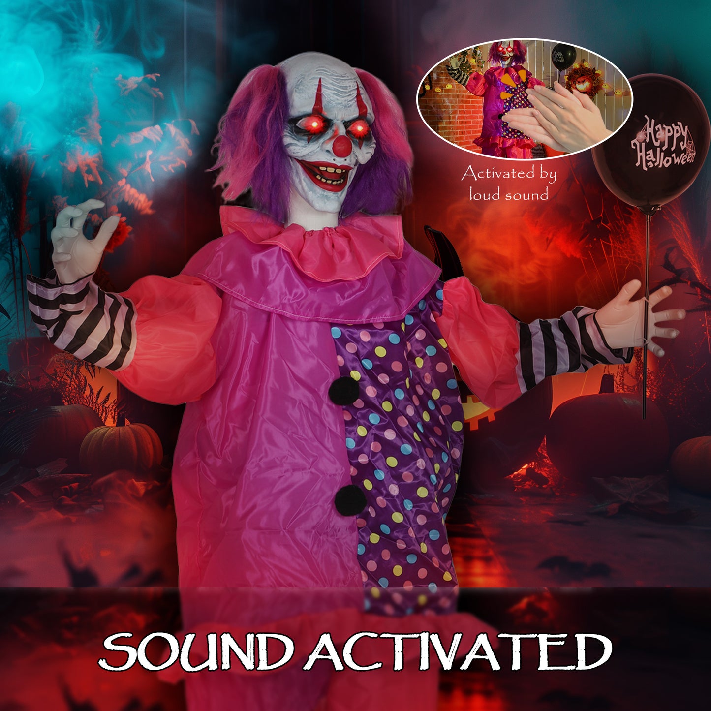 5′7″ Scary Animated Clown Decoration - Pink/Purple