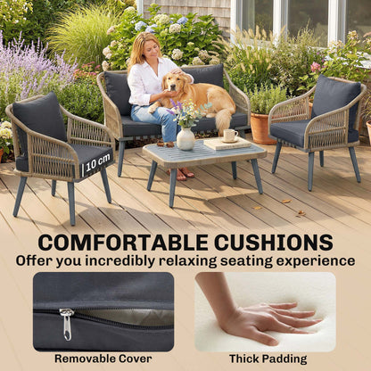 4 Piece Rattan Garden Furniture Set with Loveseat, Wicker Patio Conversation Set, Grey