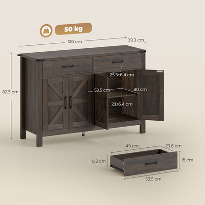 Kitchen Cupboard, Sideboard with 4 Doors, 2 Drawers and 2 Adjustable Shelves for Dining Room, Dark Brown