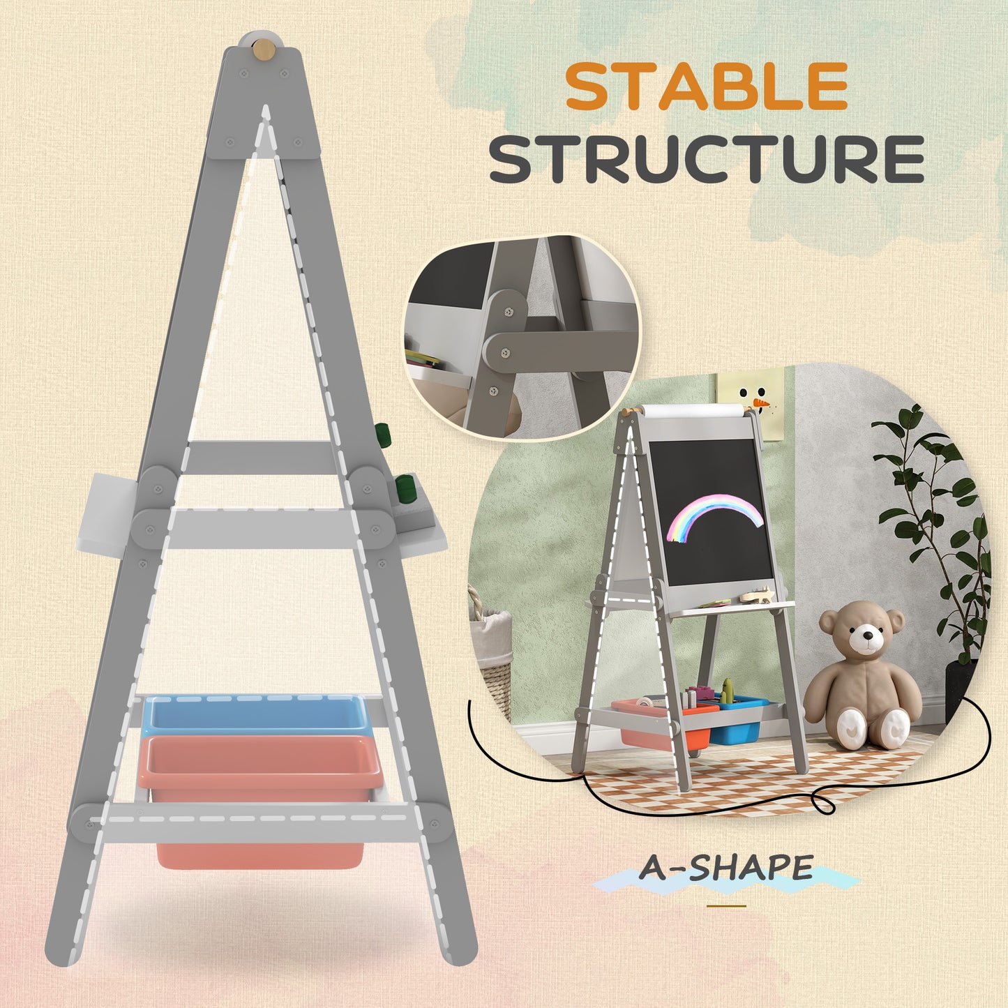 Art Easel for Kids with Paper Roll, Double-Sided Painting Easel with Chalkboard, Whiteboard
