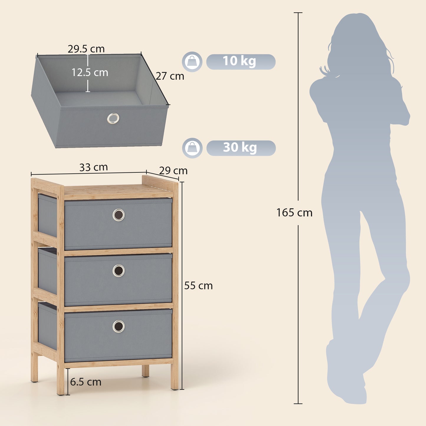 Chest of Drawers, 3 Fabric Drawers Narrow Dresser with Bamboo Frame, Light Grey