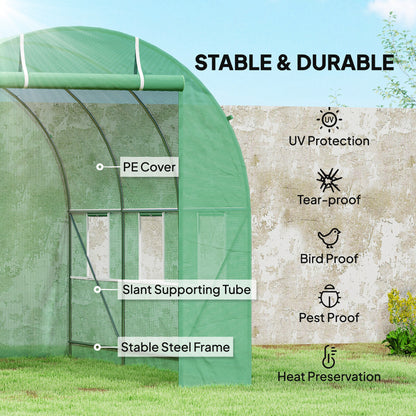 3.5 x 2m Walk-In Polytunnel Greenhouse, with Steel Frame, PE Cover, Roll-Up Door and 6 Windows, Green