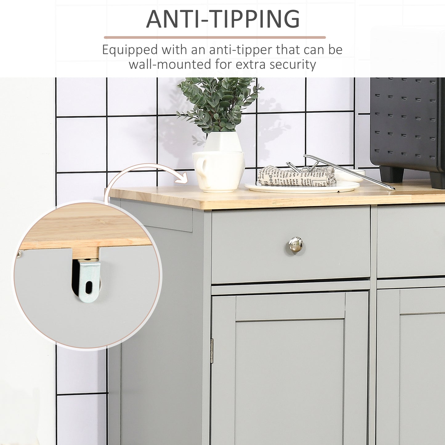 Sideboard with Rubberwood Top and Independent Storage Shelves for Dining Room, Kitchen - Grey