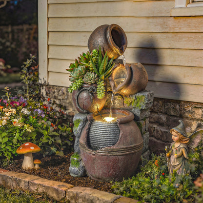 Outdoor Fountain with 4-Tier Rustic Pots & Planter, Garden Fountain with LED Lights, Rustic Brown