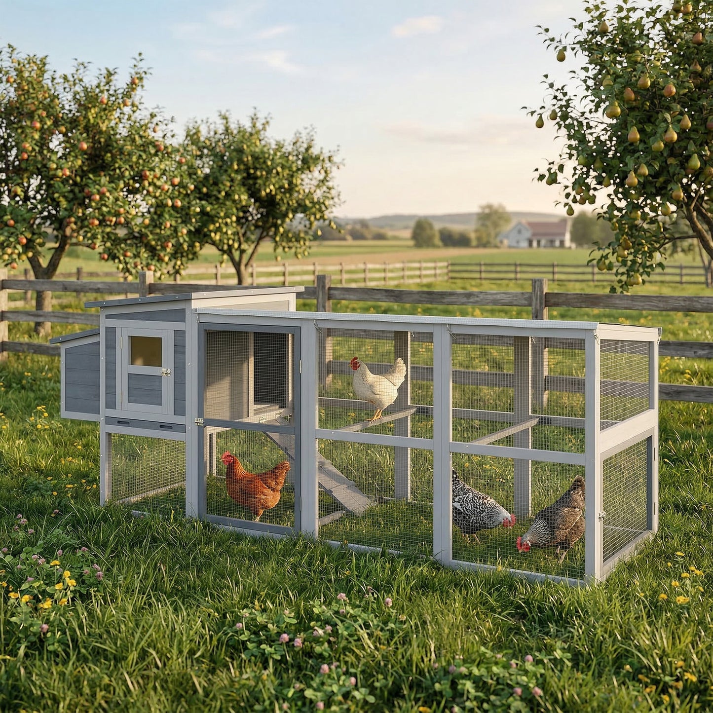Large Chicken Coop, Wooden Hen House with Covered Run, Nesting Box, Pull-Out Tray, Opening Asphalt Roof