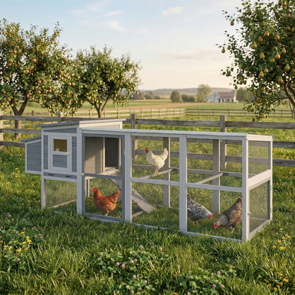 Large Chicken Coop, Wooden Hen House with Covered Run, Nesting Box, Pull-Out Tray, Opening Asphalt Roof