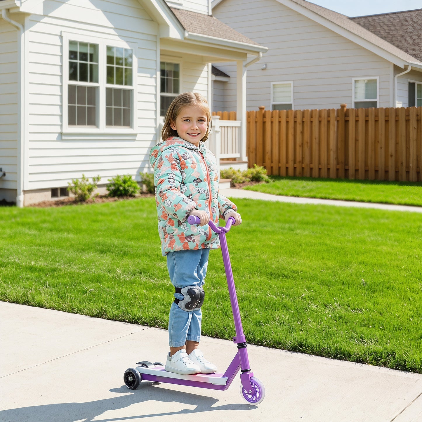 Electric Scooter for Kids Aged 4-7 Years, with Flashing LED Lights, Rear Auxiliary Wheels, Purple