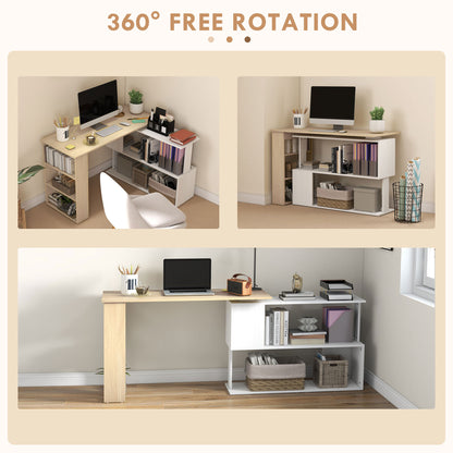 Corner Computer Desk, L Shaped Desk with 360° Rotating Bookshelf, 120L x 110W x 74.5H cm, Natural and White